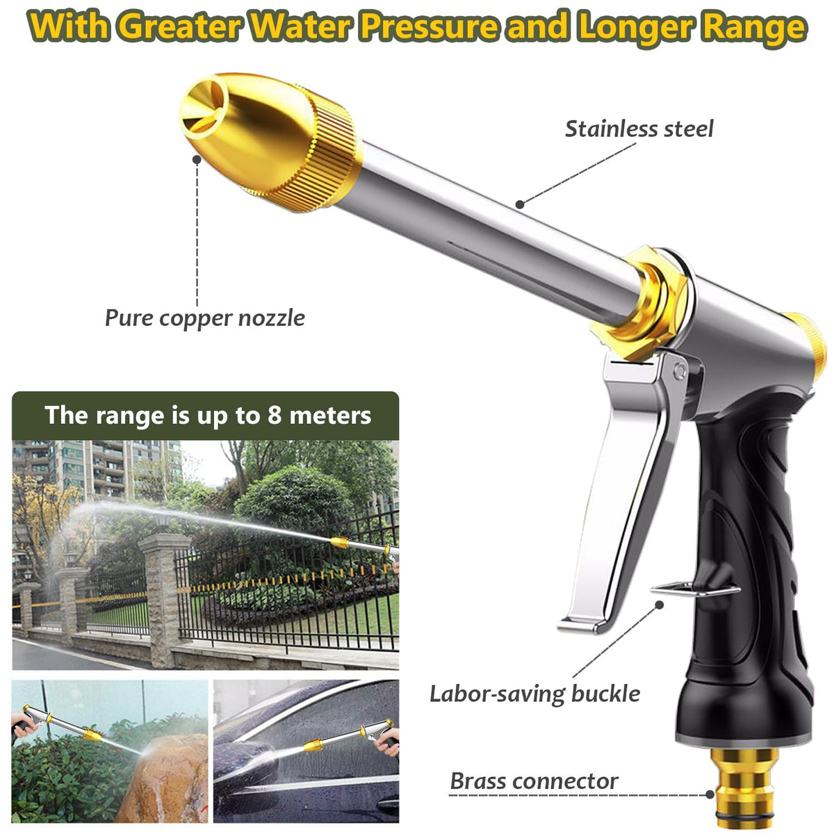 BEUED garden nozzle with 360° rotating head for easy flow control.