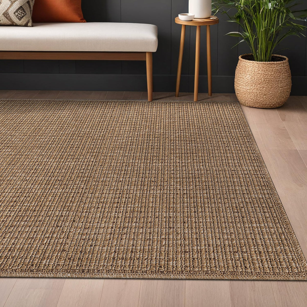 Beverly Rug Easy Jute Natural 9x12 on patio shows outdoor indoor versatility.