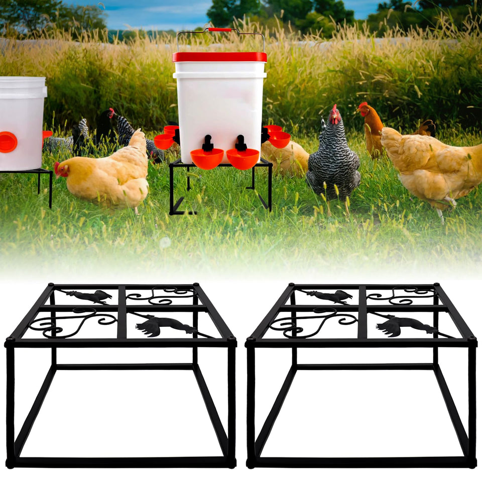 Beyoogeem chicken waterer stand front view showing sturdy four-leg design for stability