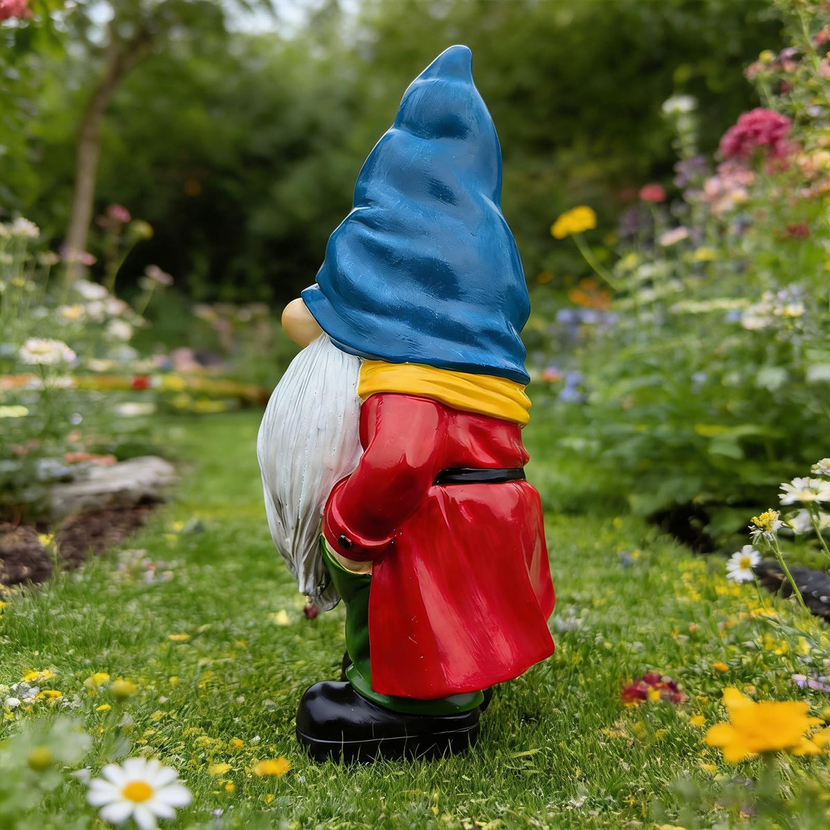 Bezseili garden gnome statue with sunflower motif for year-round display.