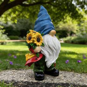 Bezseili Sunflower Gnome stands in the yard for cheerful curb appeal.