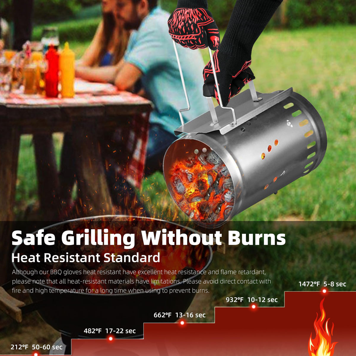 BHYTAKI BBQ gloves back view shows anti-slip flame design for secure gripping.
