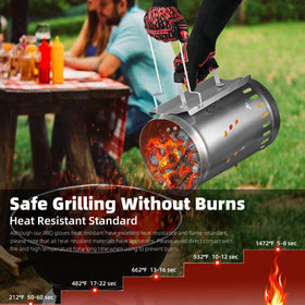 BHYTAKI BBQ gloves back view shows anti-slip flame design for secure gripping.