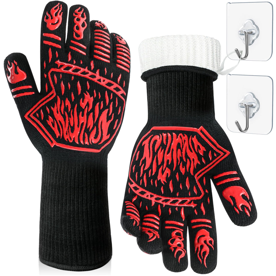BHYTAKI BBQ gloves front view, heat-resistant up to 1472°F for safe handling of hot dishes.