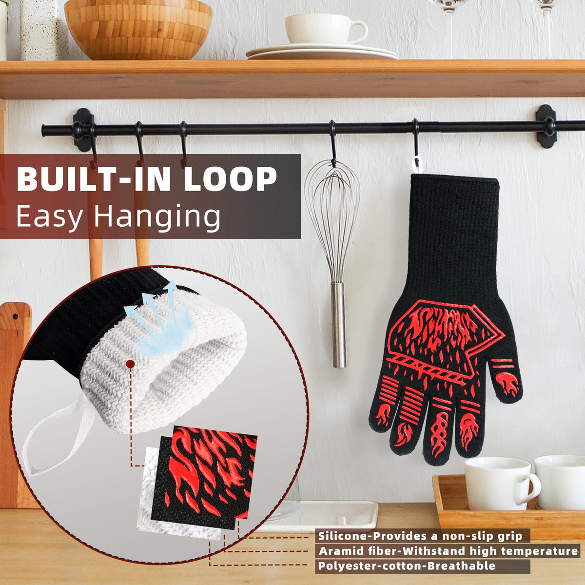 BHYTAKI BBQ gloves hanging on hooks for easy storage after cooking.