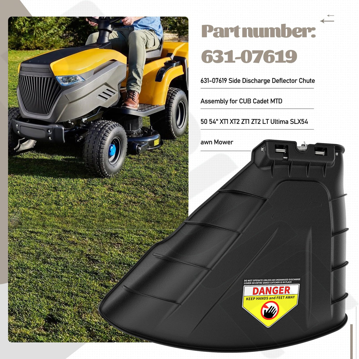 BIBIJIE 631-07619 side-discharge deflector attaches quickly to XT1-XT2 tractors.