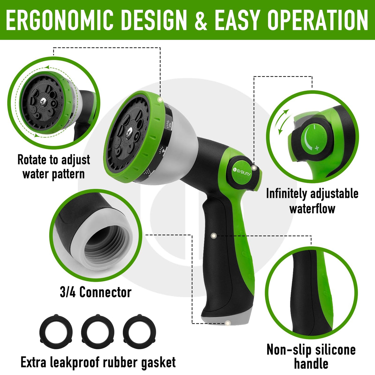Green BIBURY nozzle ideal for garden care and car washes