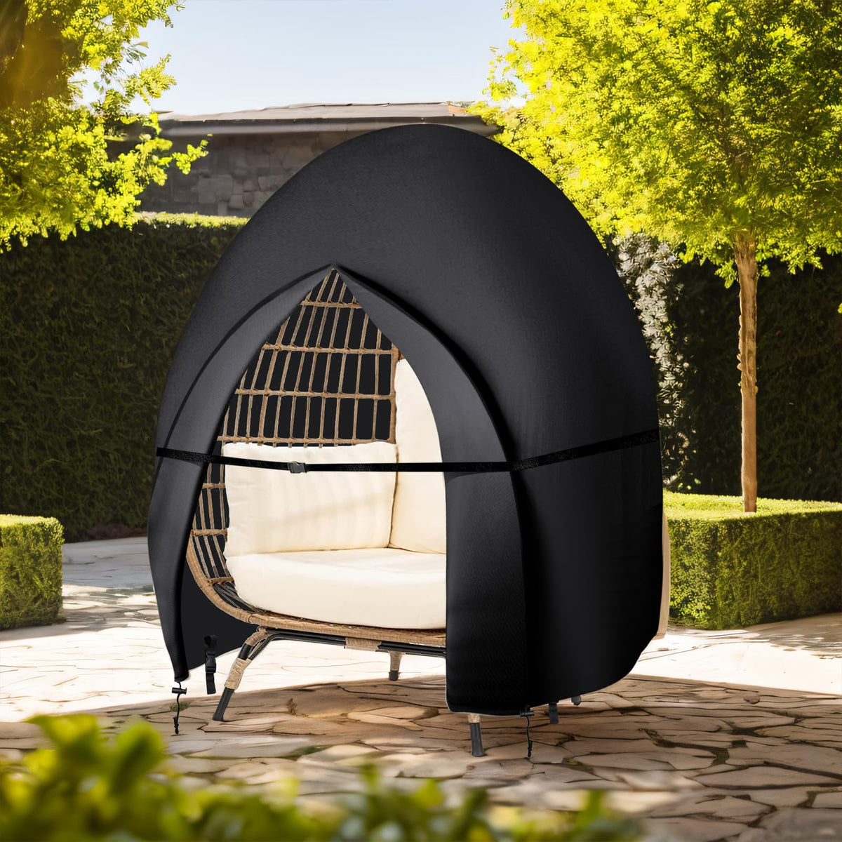 Bicherub sleek black outdoor cover adds style while protecting chairs.
