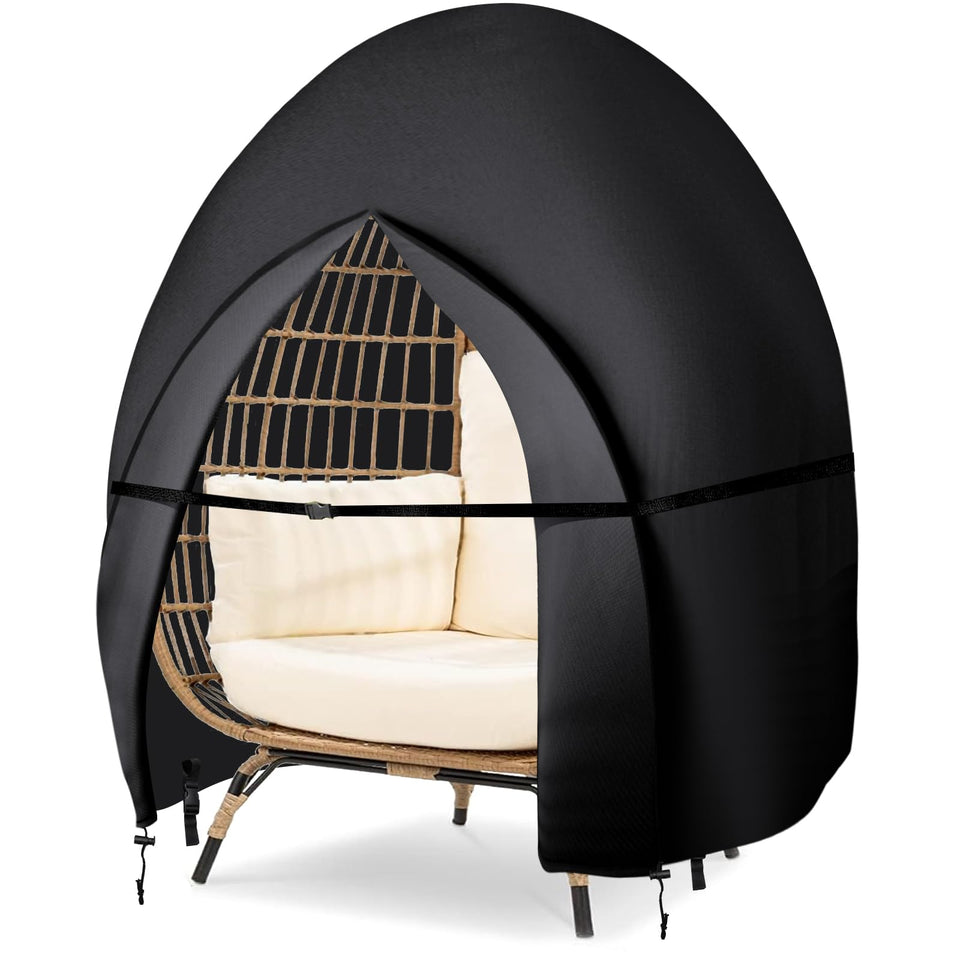 Bicherub double egg chair cover shields outdoor seating from sun and rain.