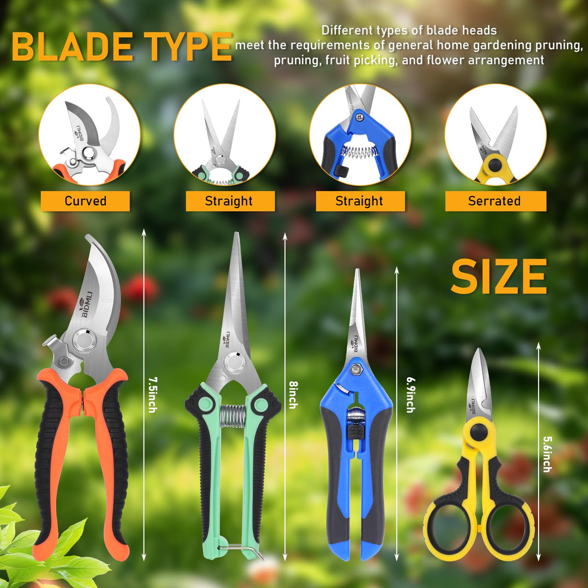 BIDMLI one-piece handle design enhances durability during heavy pruning.