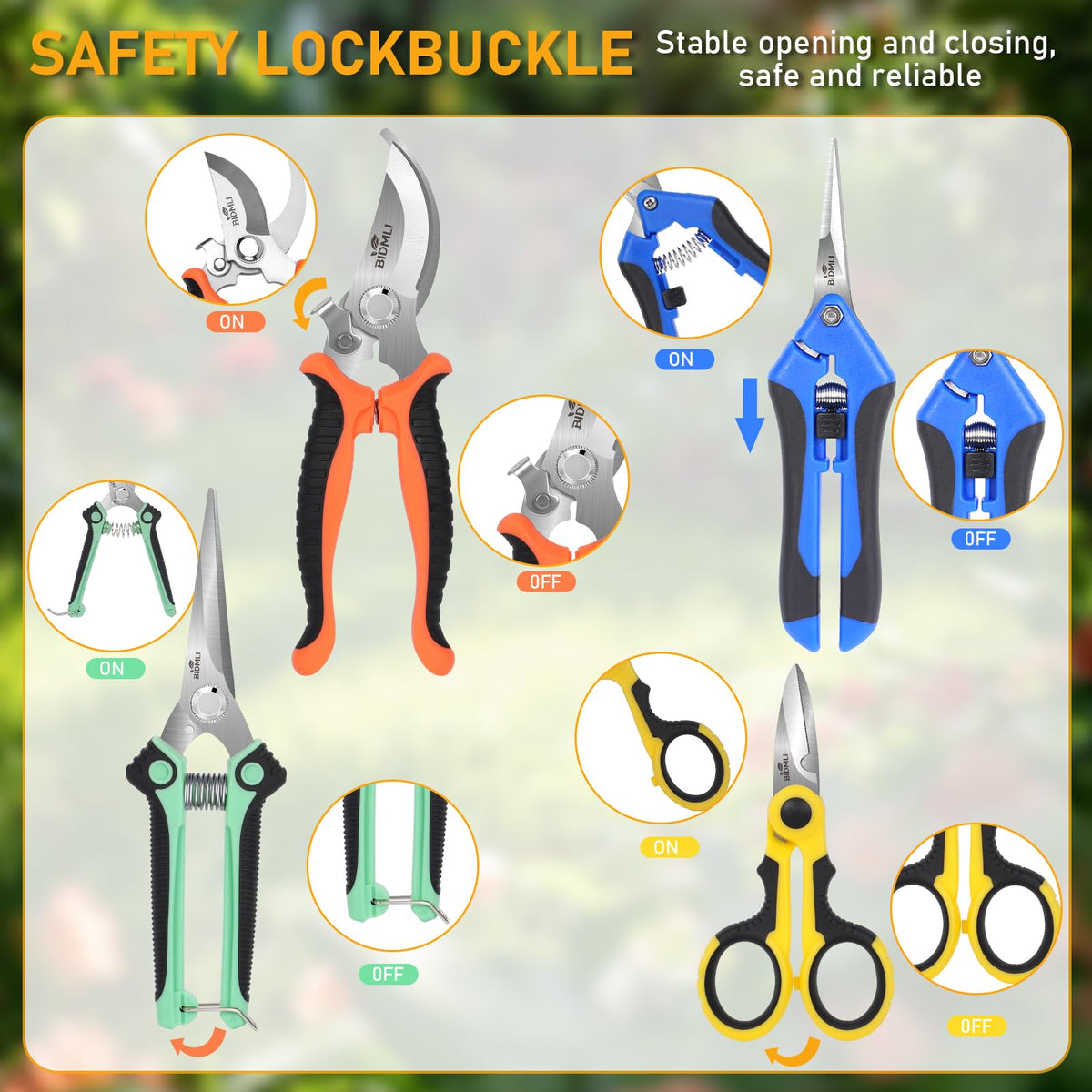 BIDMLI safety lock keeps blades secured when not in use.