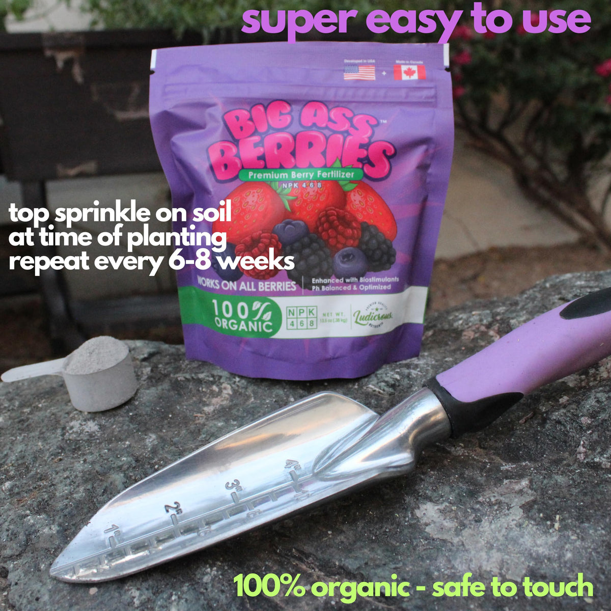 Big A Berries Fertilizer dry pellets pack ready for easy DIY garden use.