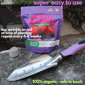 Big A Berries Fertilizer dry pellets pack ready for easy DIY garden use.