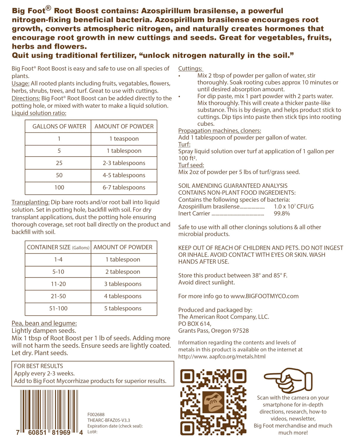 Big Foot Root Boost label closeup showing ingredients and directions.