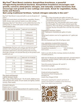 Big Foot Root Boost label closeup showing ingredients and directions.