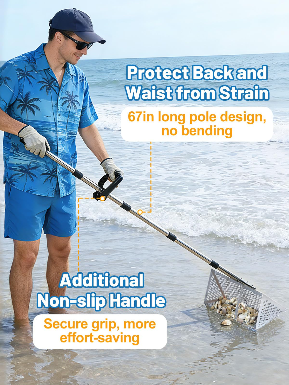 Biggun blue folding bucket provides portable storage on the sand.