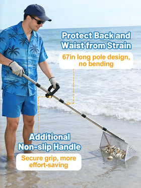 Biggun blue folding bucket provides portable storage on the sand.