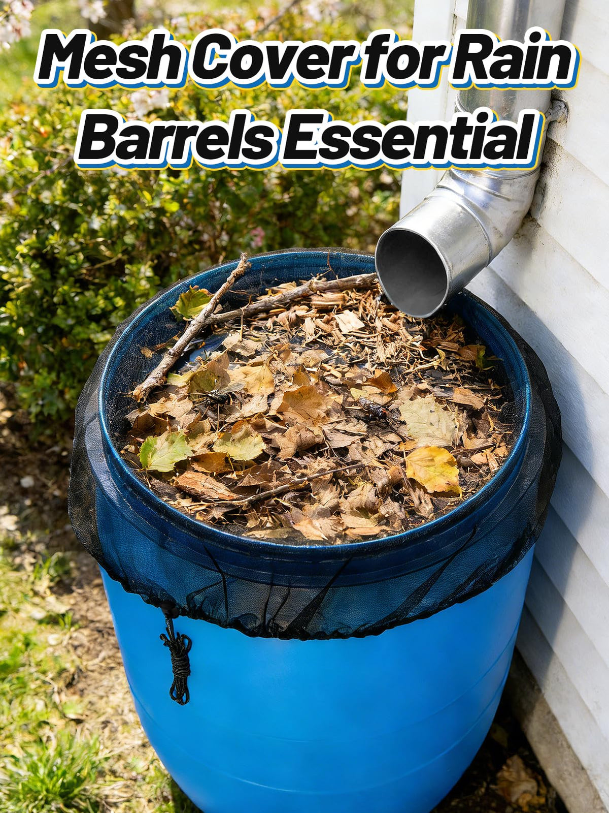 Biggun eave-friendly net for outdoor rain barrels stays in place.