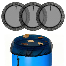 Biggun mesh cover for rain barrel netting shields leaves and debris.