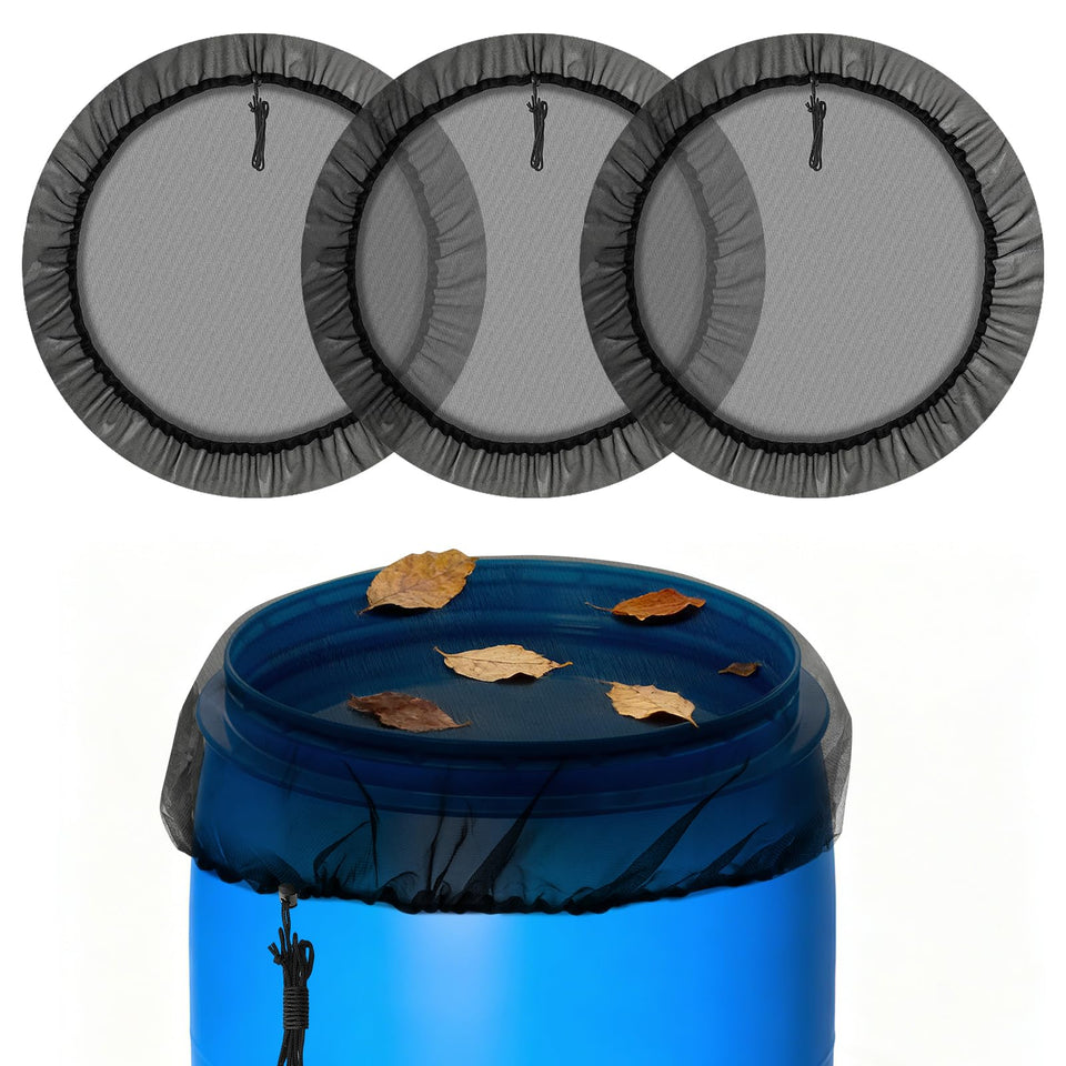 Biggun mesh cover for rain barrel netting shields leaves and debris.