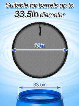 Biggun drawstring rain barrel net secures cover against strong winds.