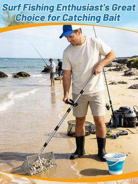 Biggun sand flea rake fine mesh sifts wet sand precisely.