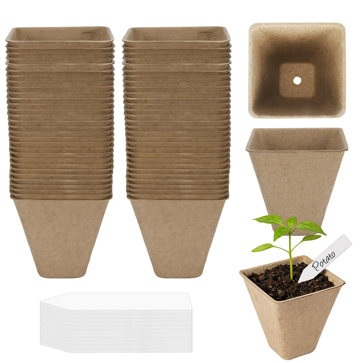 BIGIVACA 60pcs square peat pots with drainage for healthy seedlings
