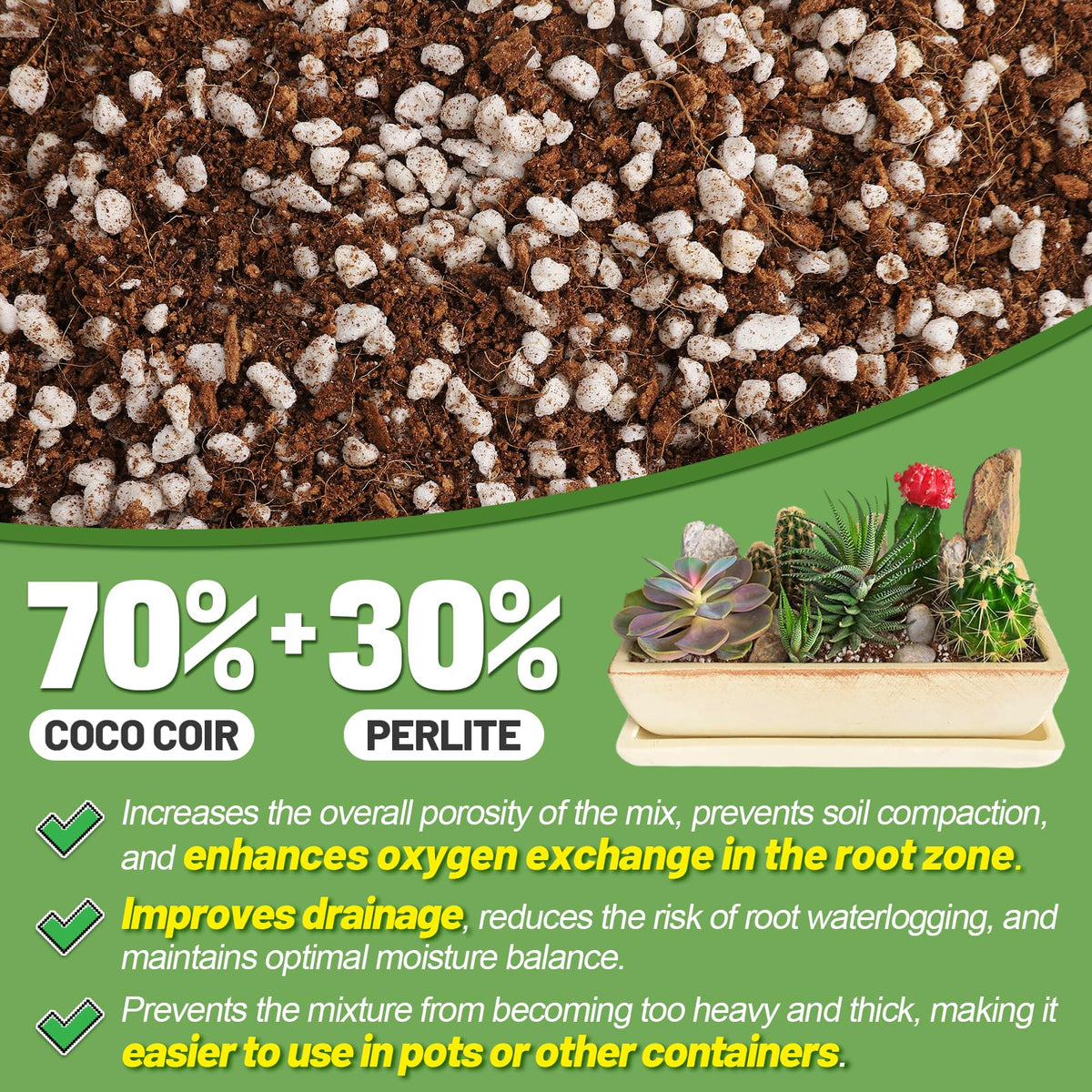 Bigmeta Coco Coir Perlite Mix in pot demonstrating improved drainage.
