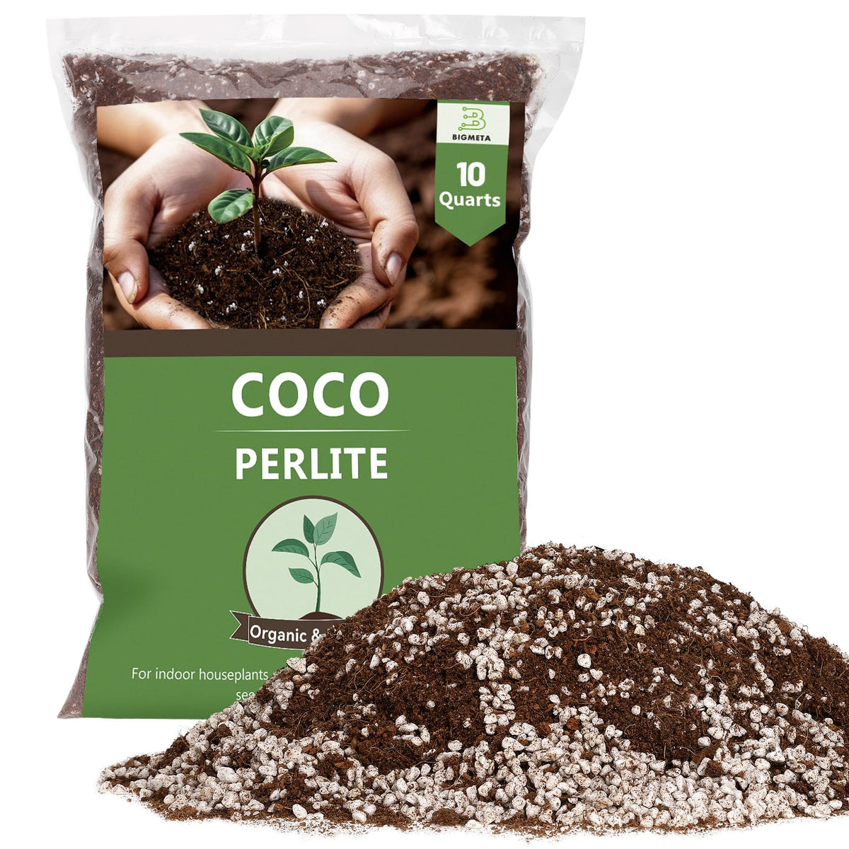 Bigmeta Coco Coir Perlite Mix packaging for eco-friendly indoor gardening.