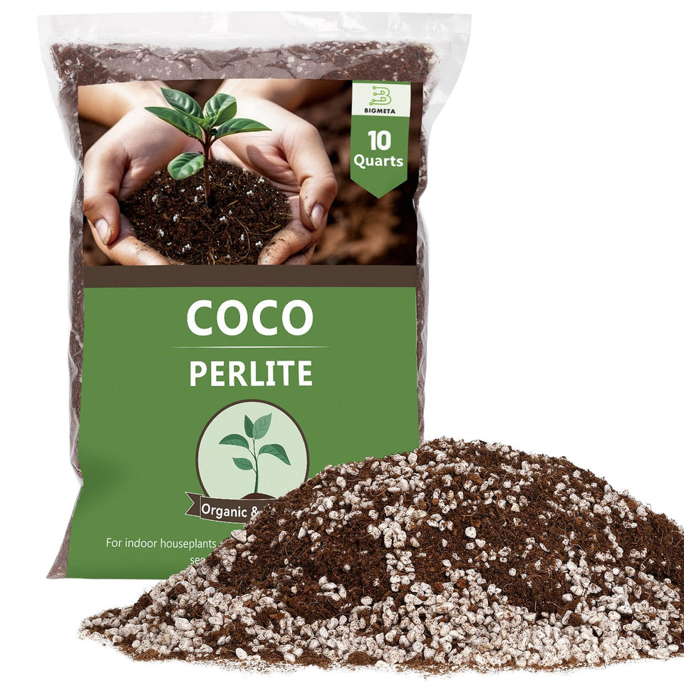 Bigmeta Coco Coir Perlite Mix packaging for eco-friendly indoor gardening.