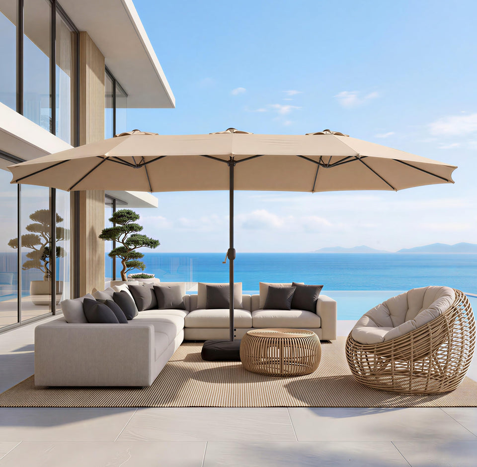 Bigroof 15ft patio umbrella with base provides wide shade for decks and yards.