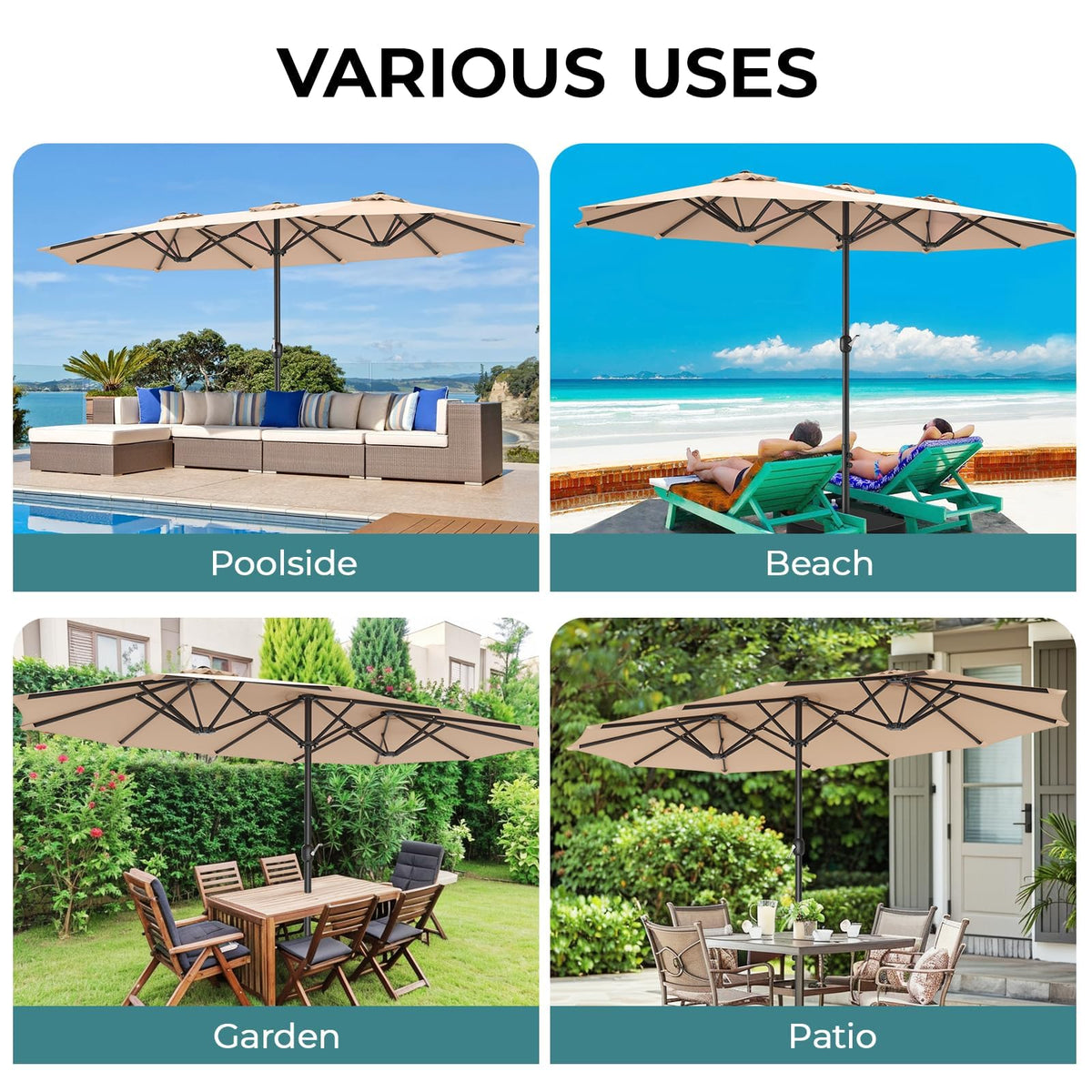 Dimensions 15x9 feet fit most patios and poolside setups.