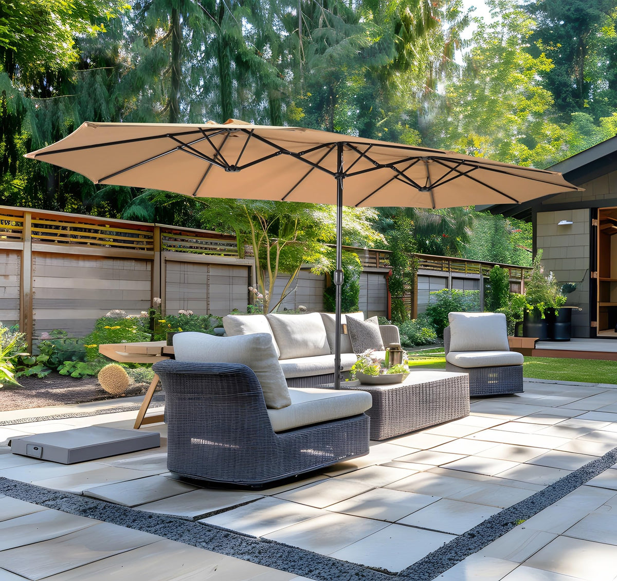 Crank-operated Bigroof umbrella for easy opening and closing outdoors.