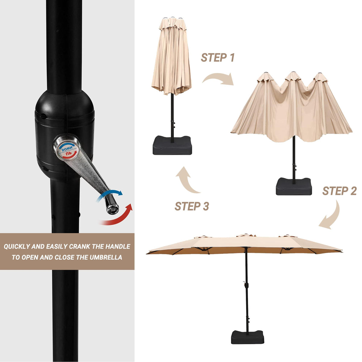 Stable base with cross base and sandbags anchors the Bigroof umbrella securely.