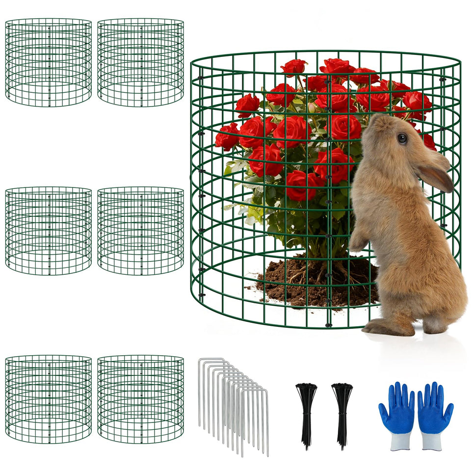 Bigwish 6-pack plant protectors with steel mesh panels guarding flowers from wildlife