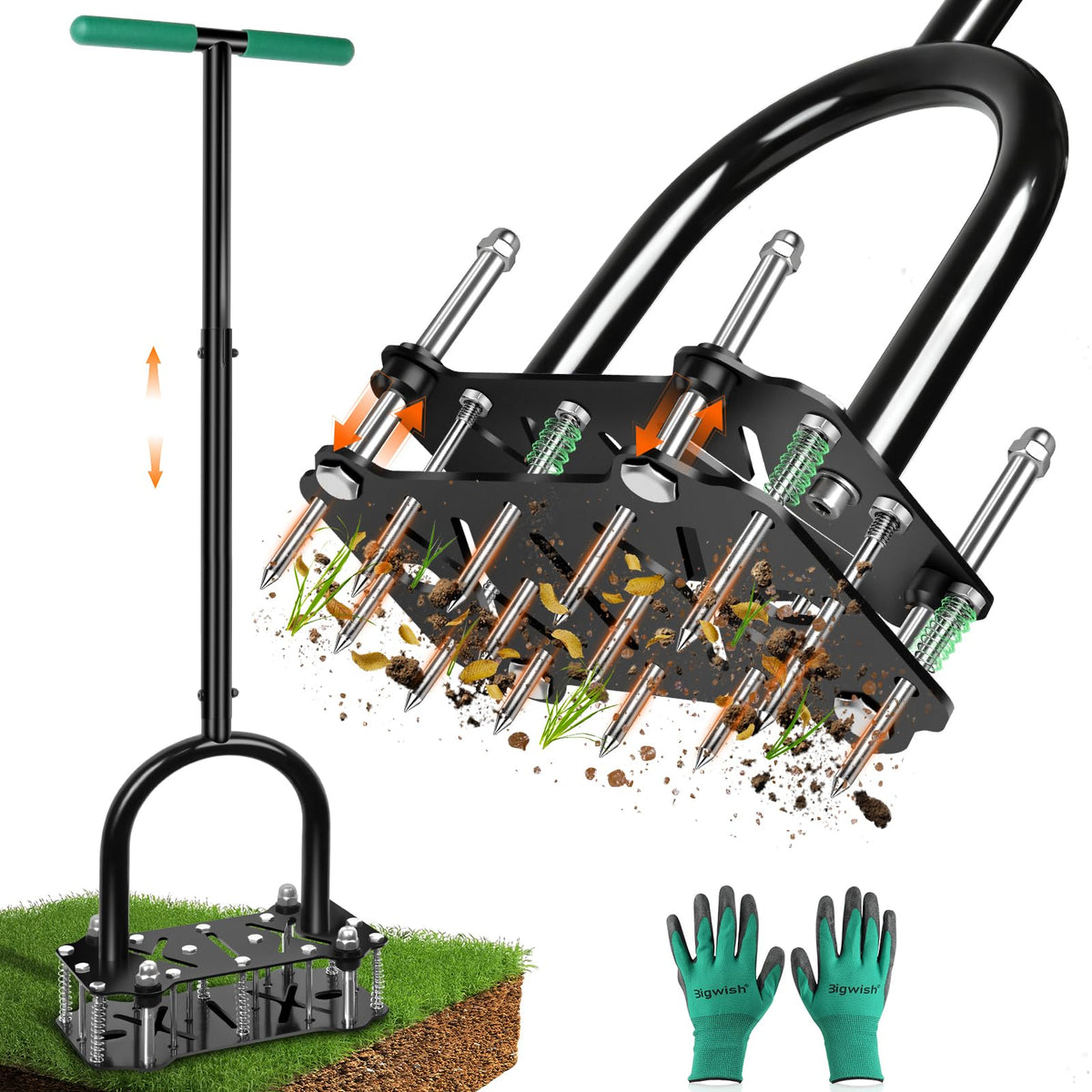 Bigwish adjustable lawn aerator handle for comfortable height during use.