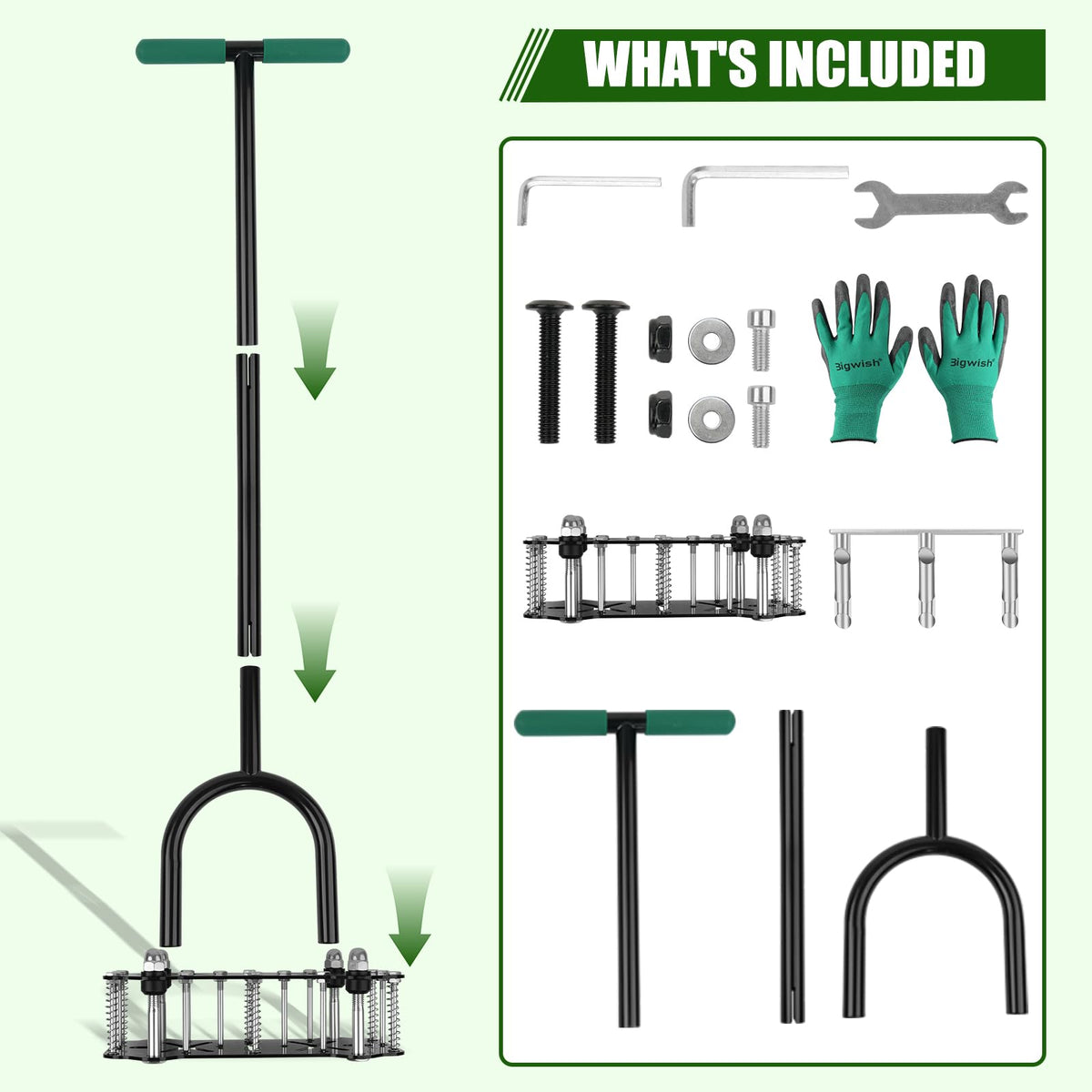Bigwish in-use shot showing the aerator penetrating soil for balanced lawn care.