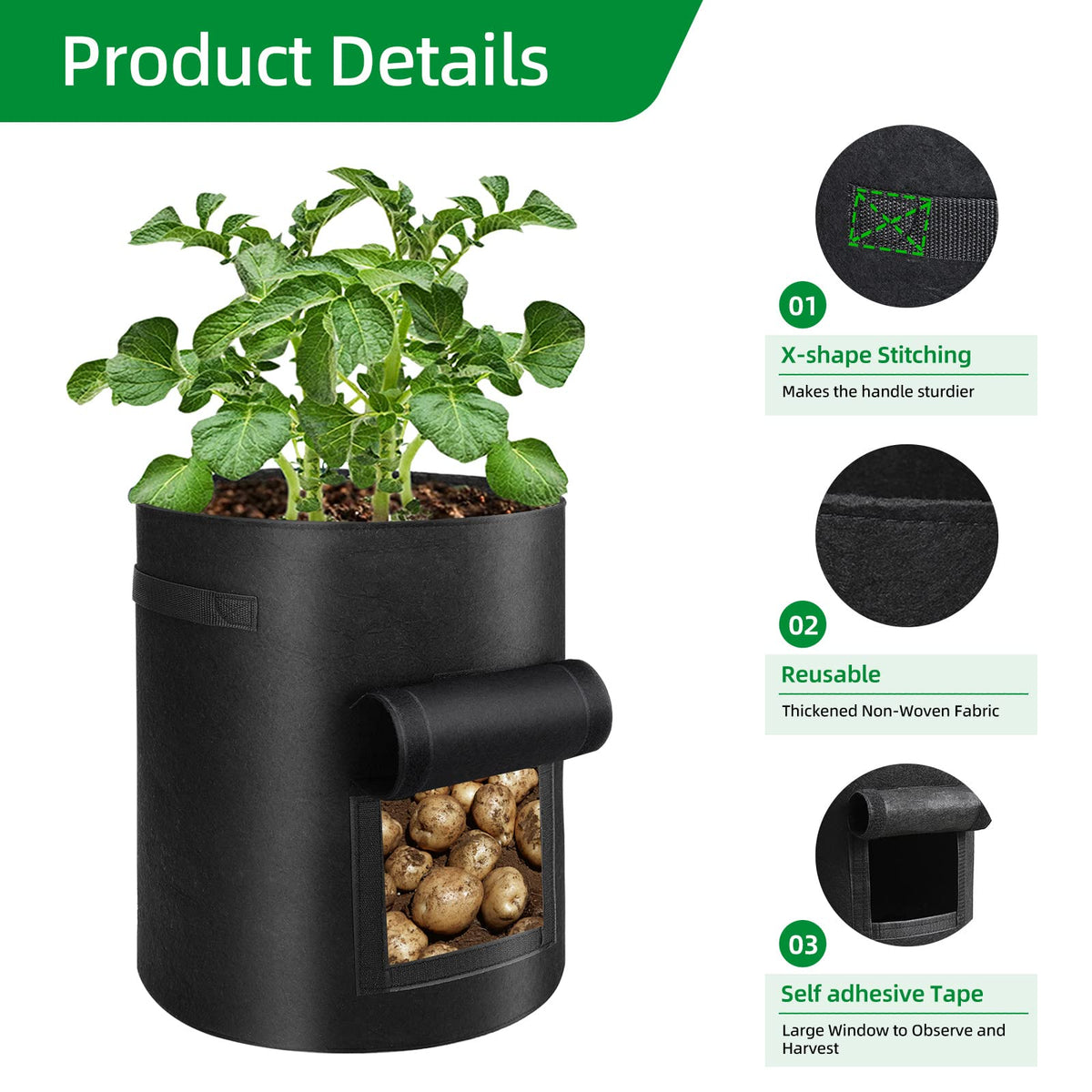 BIJOKETTEN potato grow bag with sturdy handles and X-stitch.