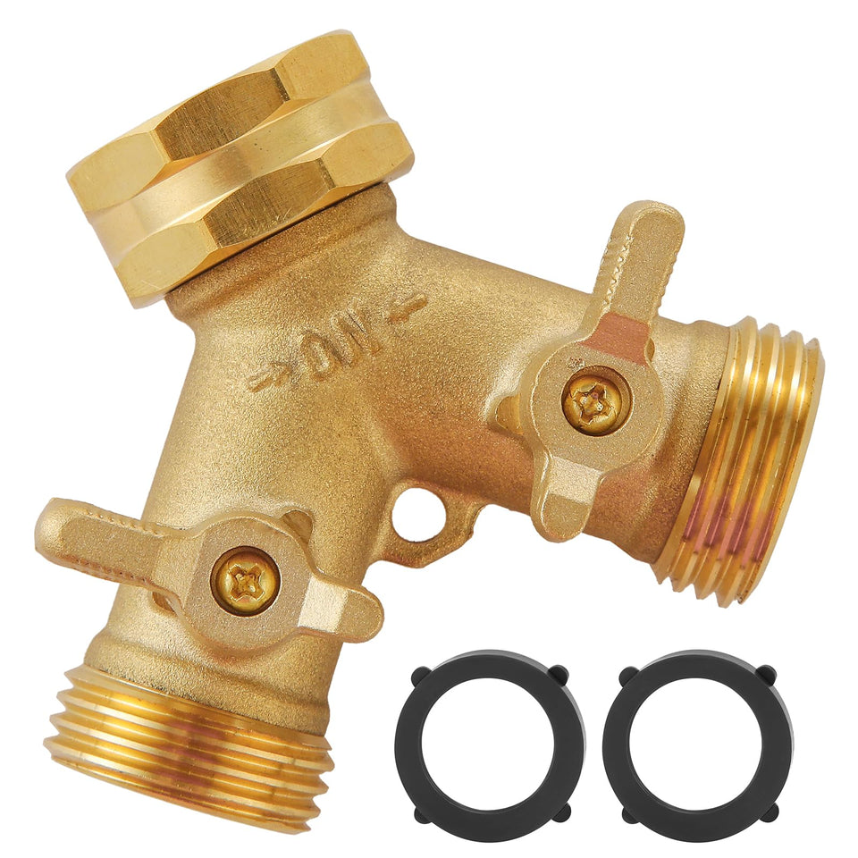 Bilal garden hose splitter 2-way with extended handles for easy on/off control.