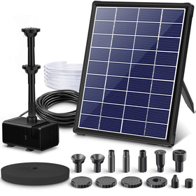 Biling 5.5W solar fountain panel powering the bird bath in bright sun