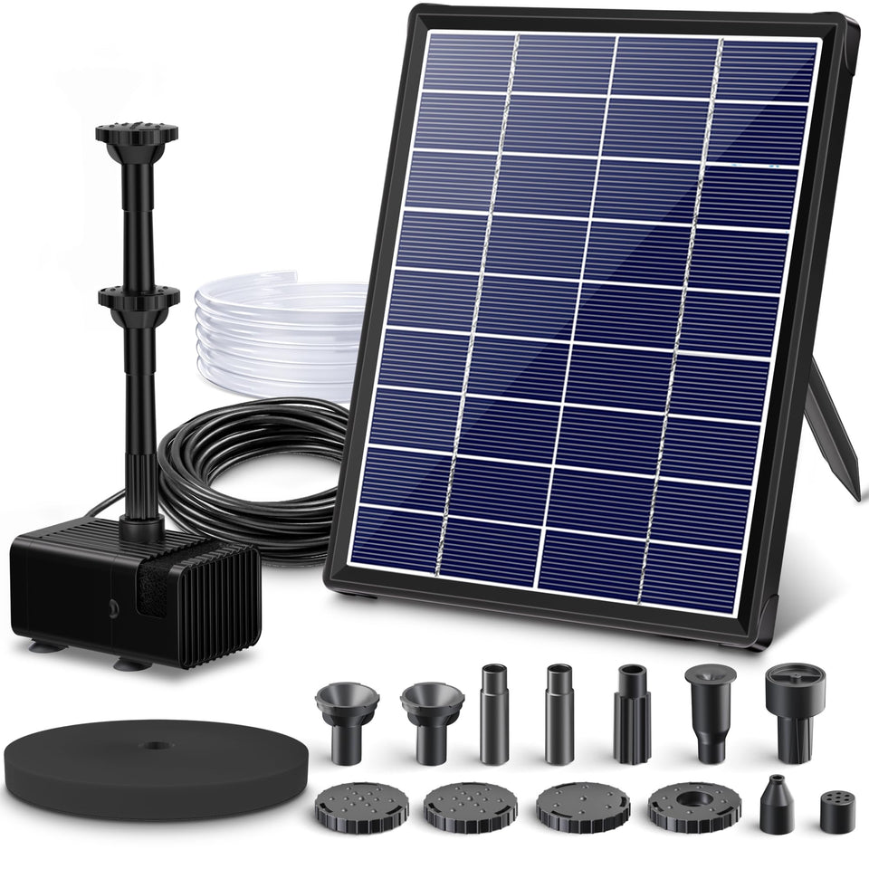 Biling 5.5W solar fountain panel powering the bird bath in bright sun