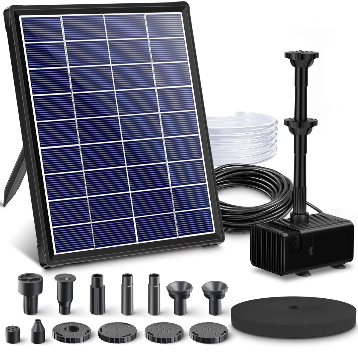Biling 6.5W solar fountain base keeps bird bath water circulating.