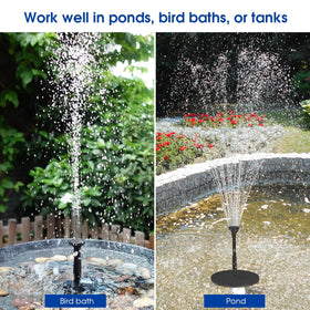 Biling solar panel powers fountain outdoors without cords.