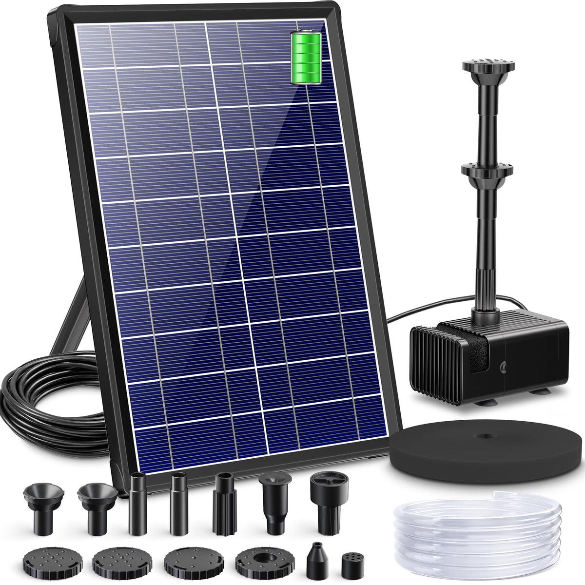 Biling 8W solar fountain pump front view for compact pond use and quiet daytime operation.
