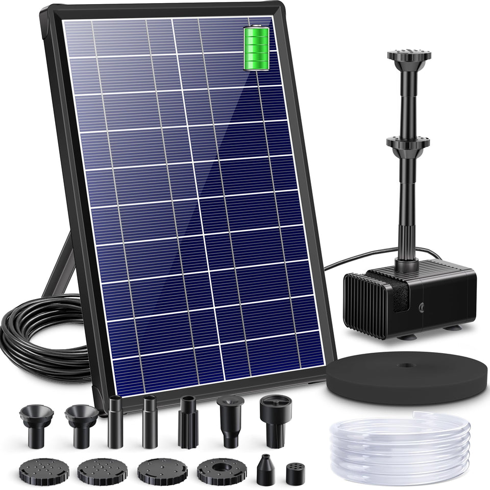 Biling 8W solar fountain pump front view for compact pond use and quiet daytime operation.