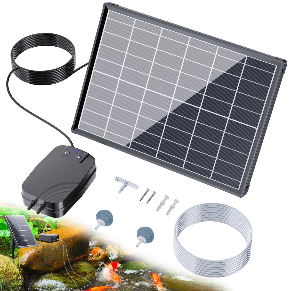 Biling 8W solar pond aerator in action, boosting oxygen for a healthy pond.