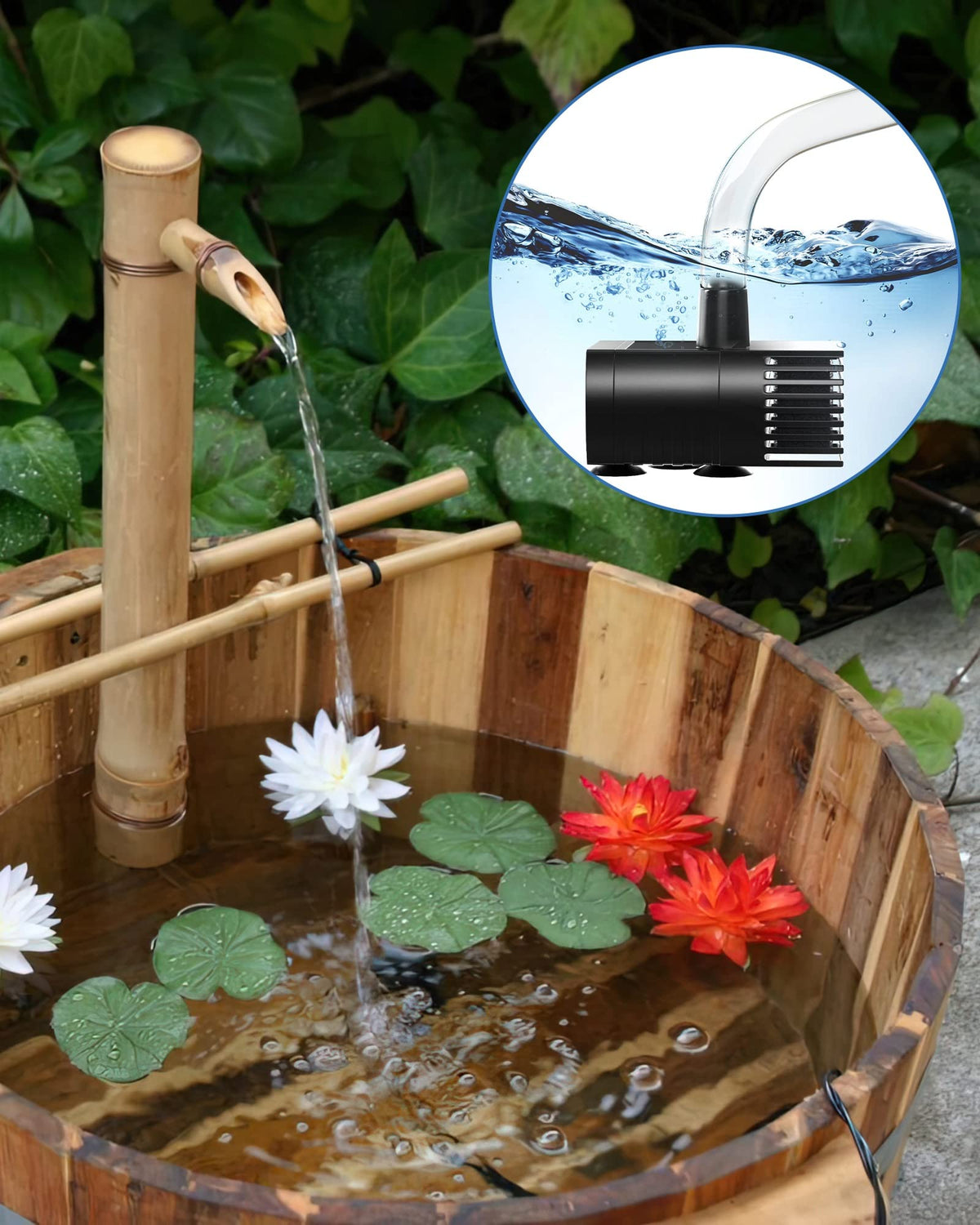 Biling outdoor fountain kit shown with panel, pump, nozzles, and pipe