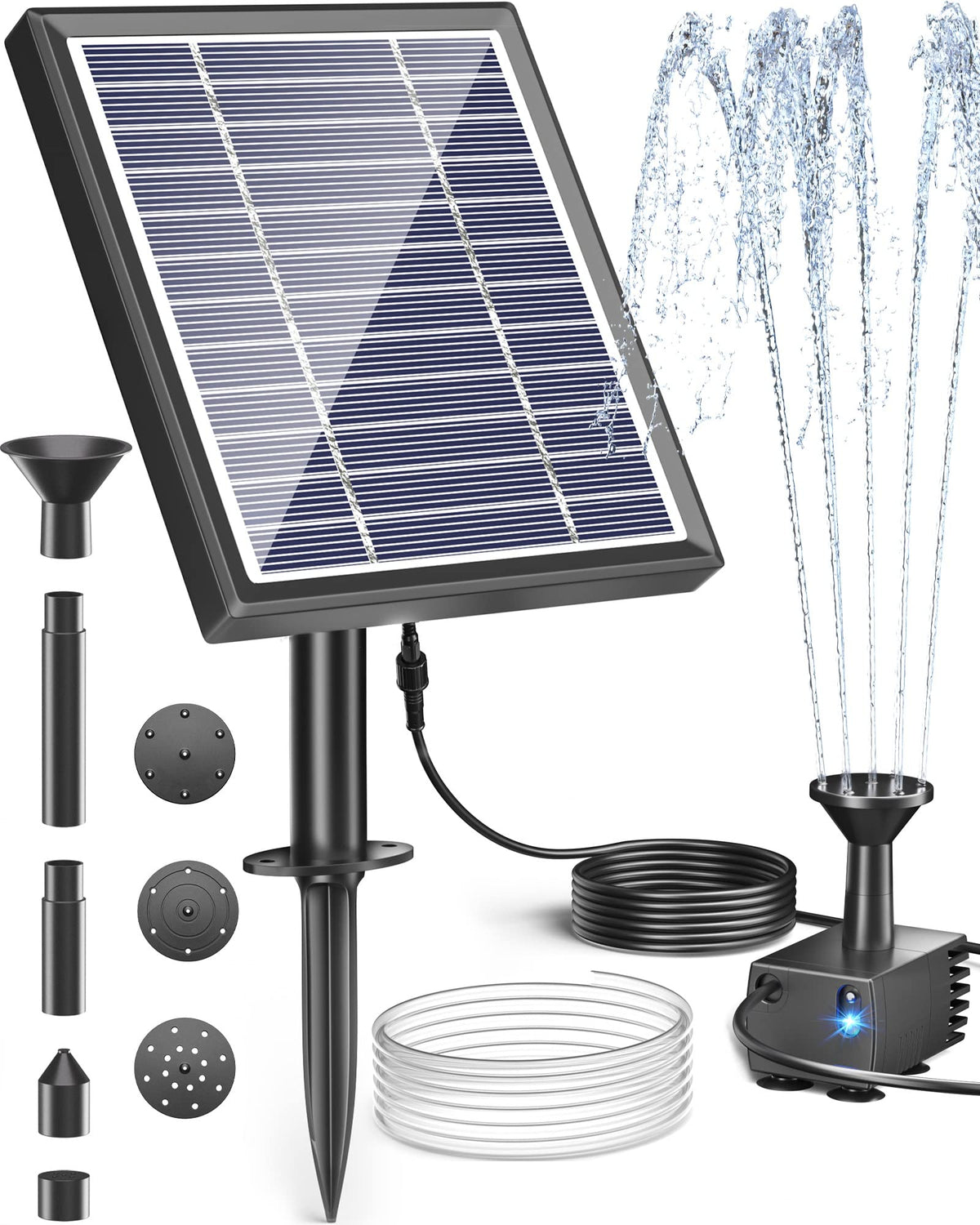 Biling solar fountain in a birdbath delivering a gentle spray for birds.