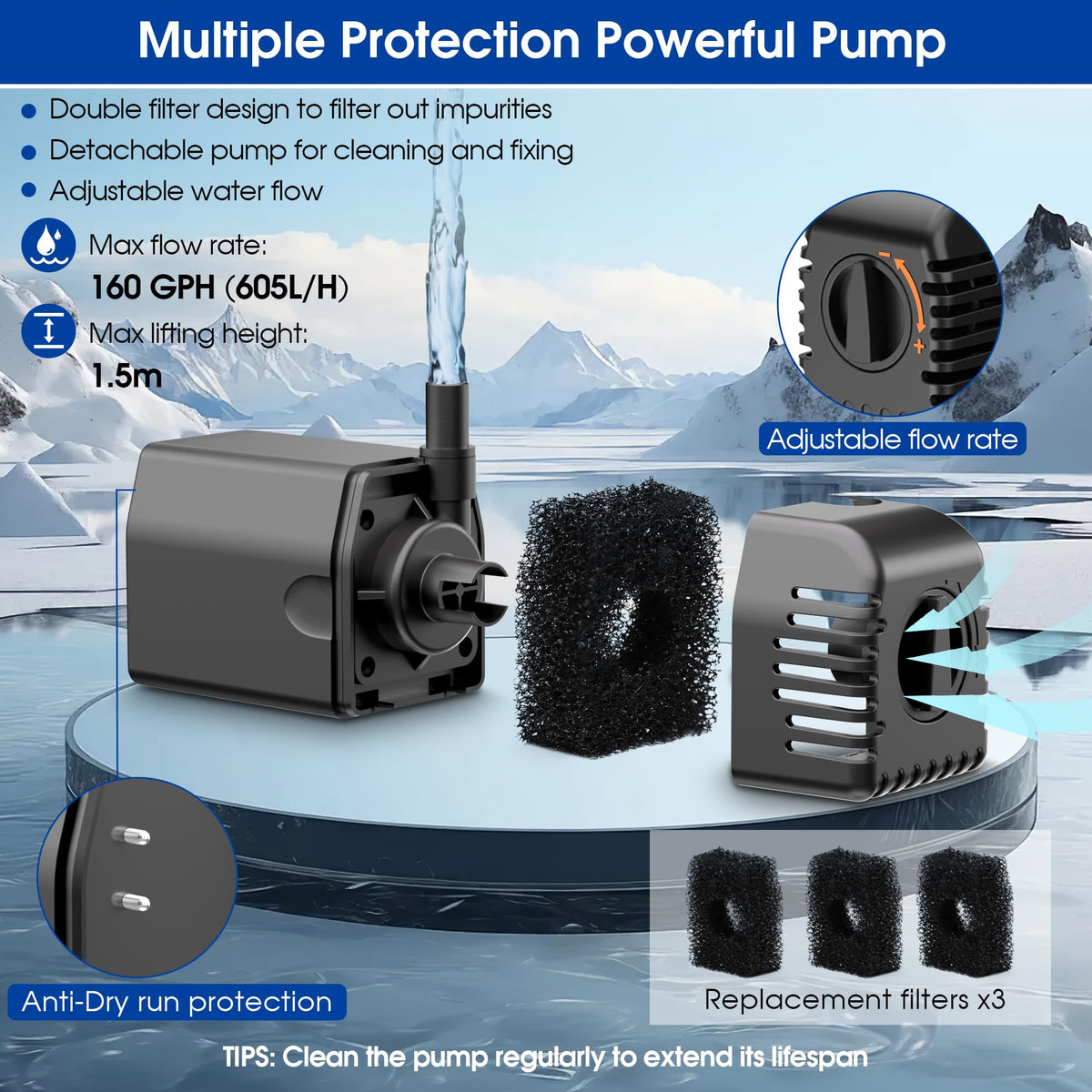 Biling solar fountain pump-160gph ensures steady pond circulation in sunlit conditions.