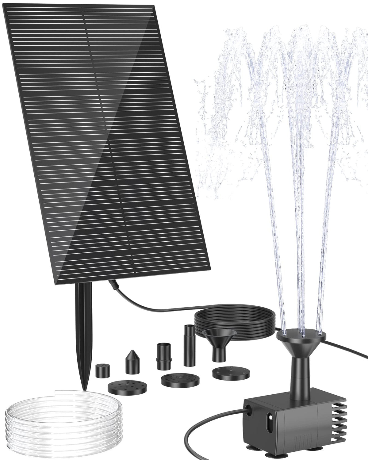Biling solar water fountain pump in action over a bird bath with a bright spray